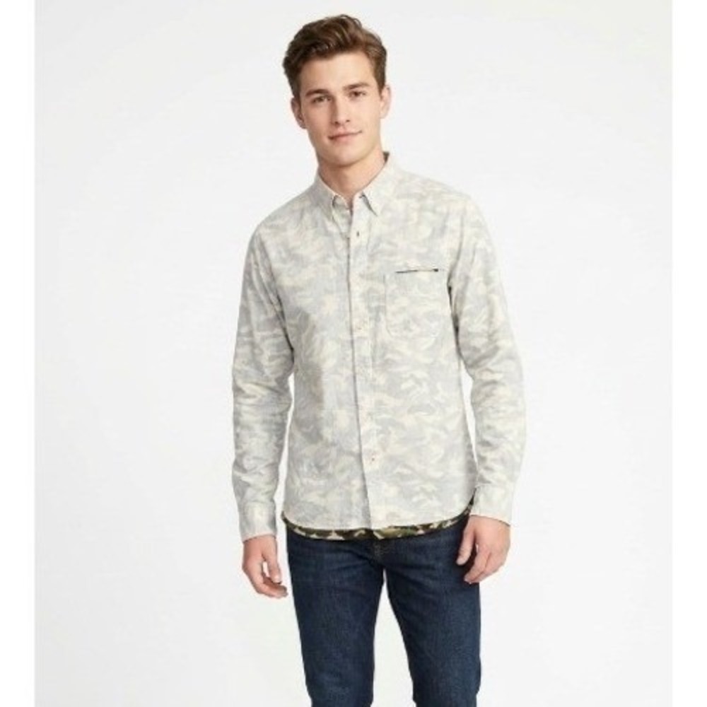 Beams Heart | Mens Camo Reversible Look Double Layer Cotton Button Down | L